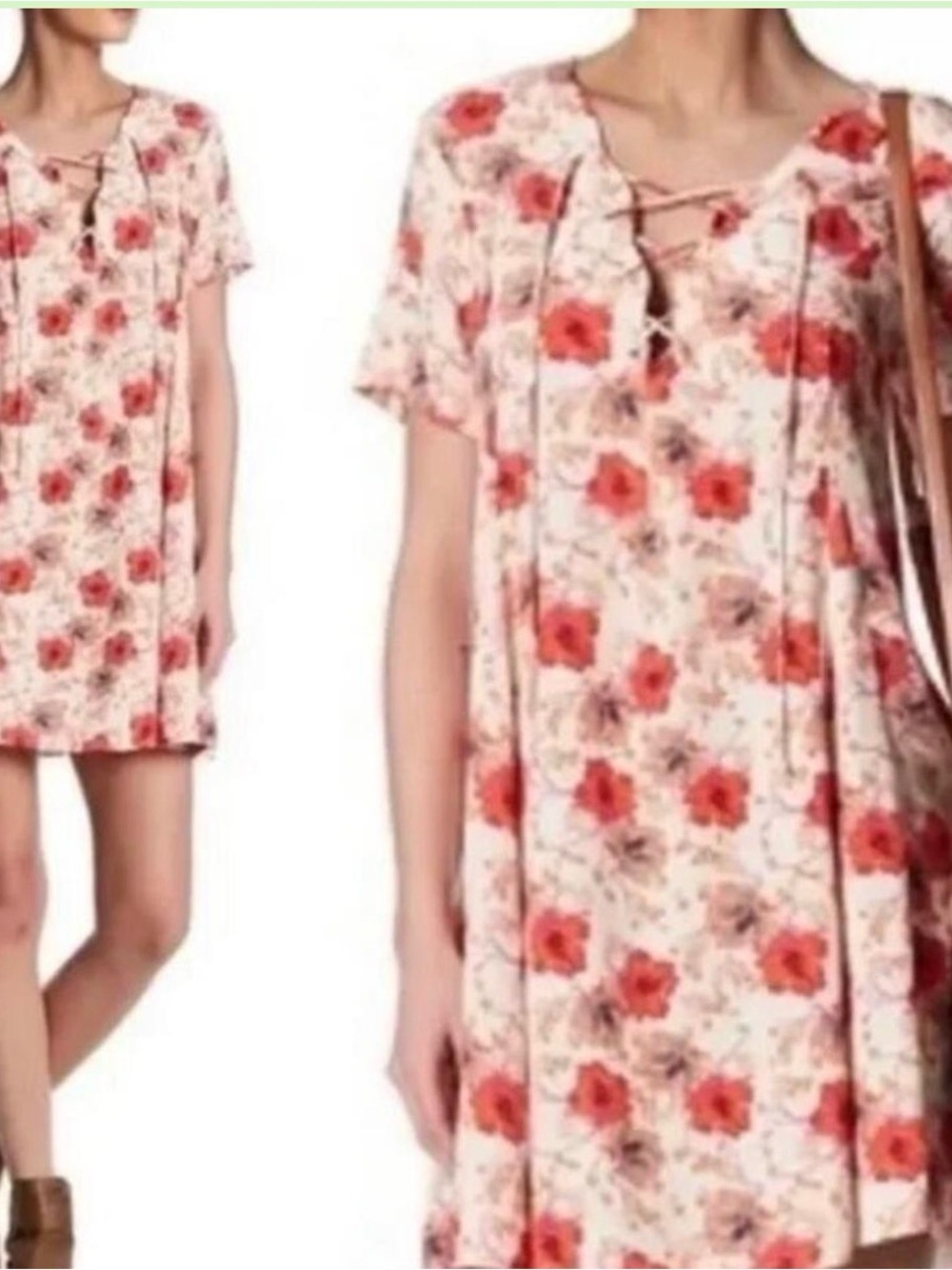 Anthropologie ASTR The Label Red Poppy Floral Lace Up Boho Babydoll Mini Dress